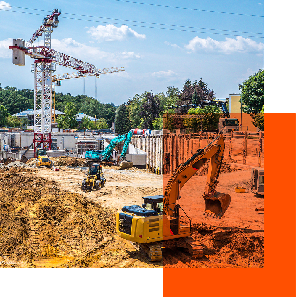 Construction site with different construction machines from bird's eye view.