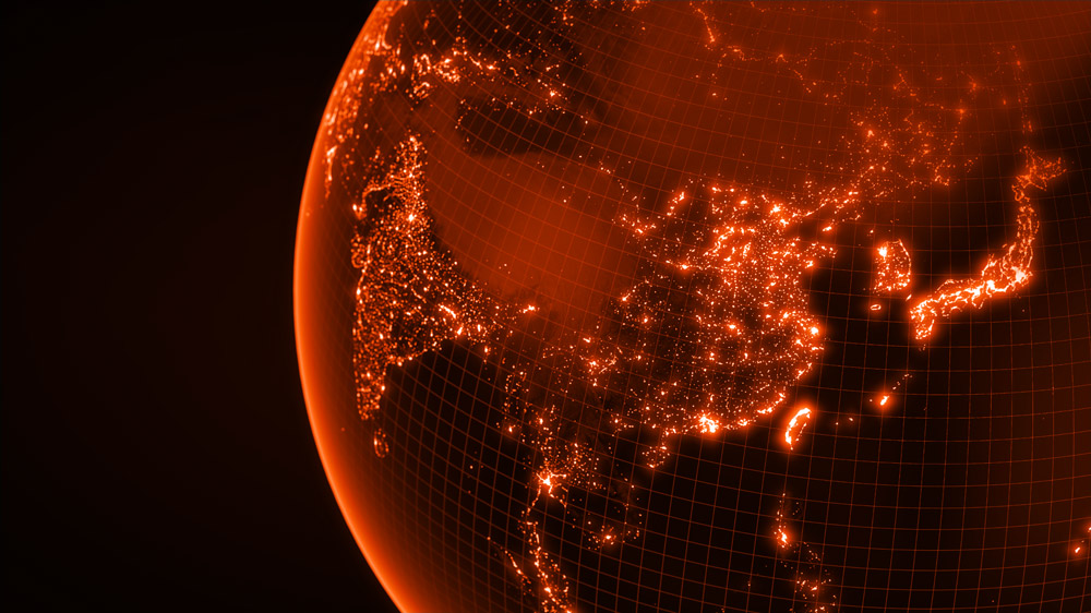Grafik Weltkugel mit Lichtern in Orange